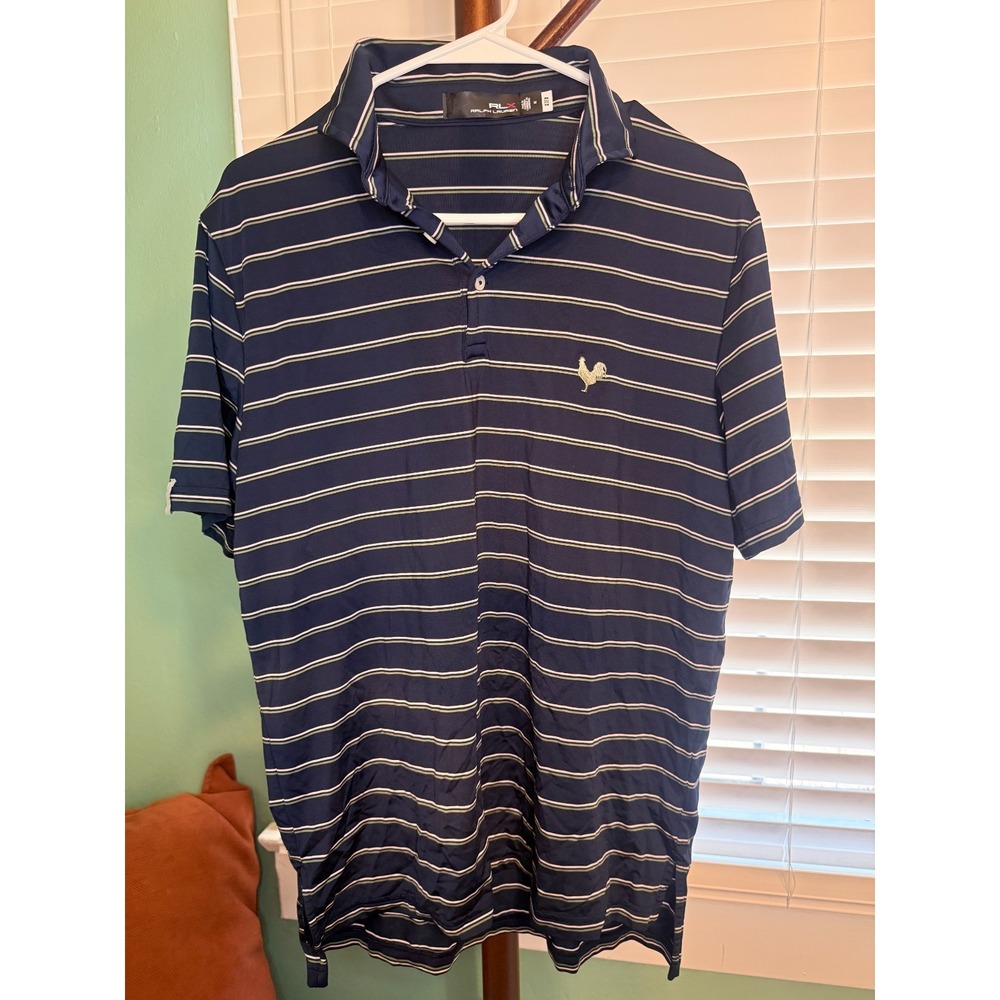 RLX Ralph Lauren Golf Polo Mens M Navy Striped Performance Rooster Logo